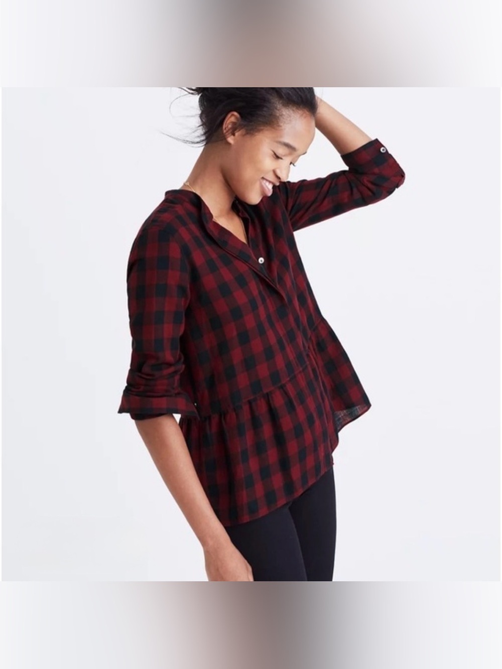 Madewell Burgundy and Black Plaid Peplum Tunic Top